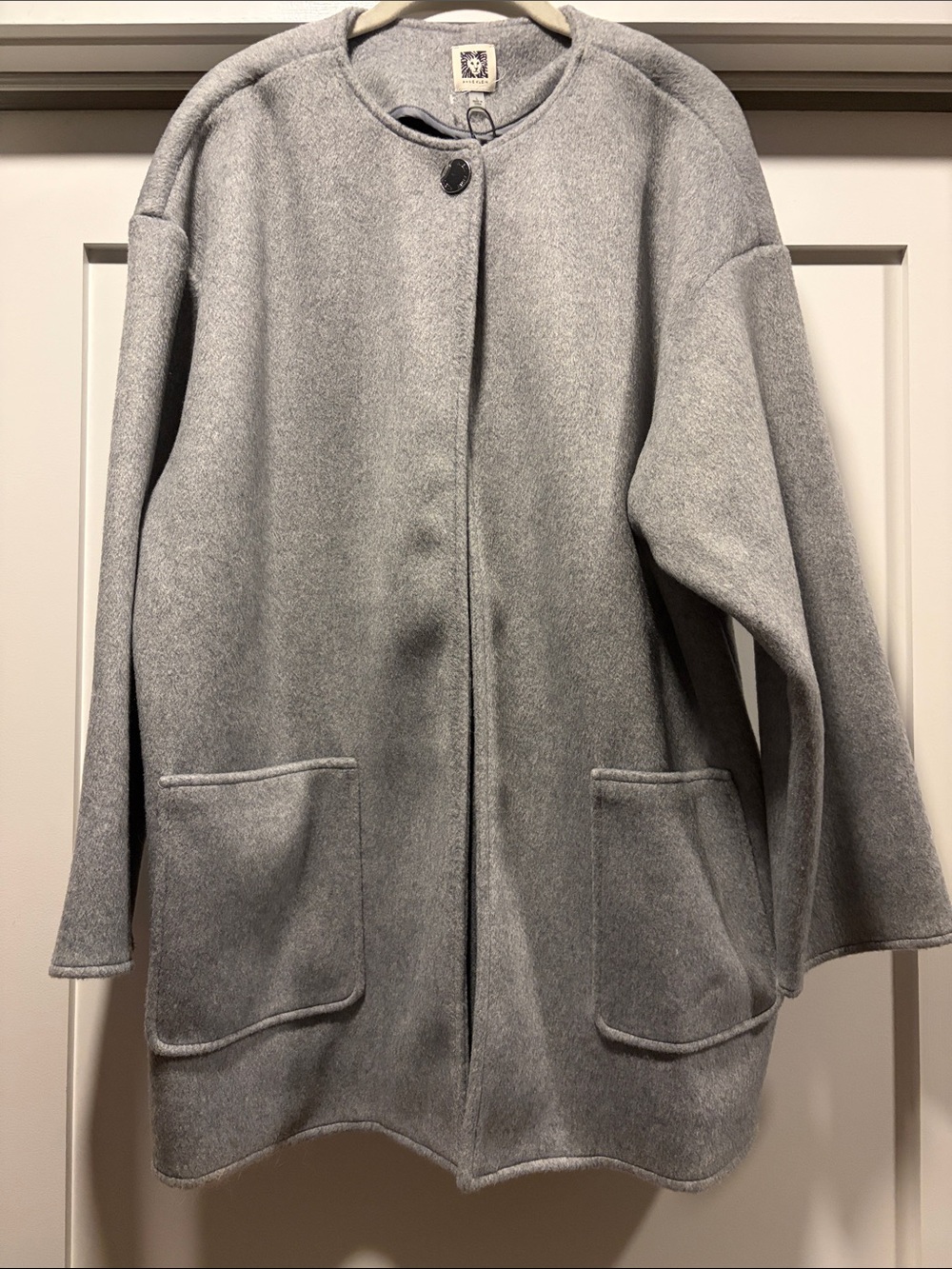 Anne Klein Gray Collarless Pea Coat with Patch Pockets